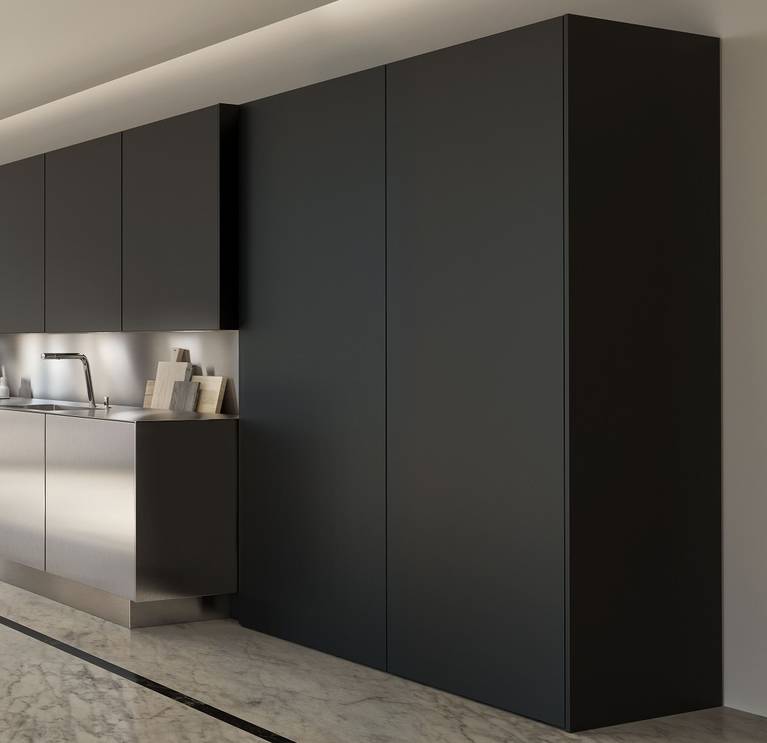 SieMatic SE cabinets from the Pure style collection in graphite grey matte lacquer with AntiPrint coating